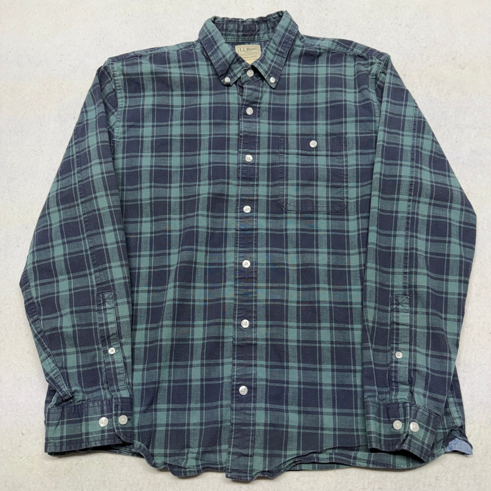 LL Bean Slightly Fitted Plaid Flannel Button Down Shirt Green Mens Large